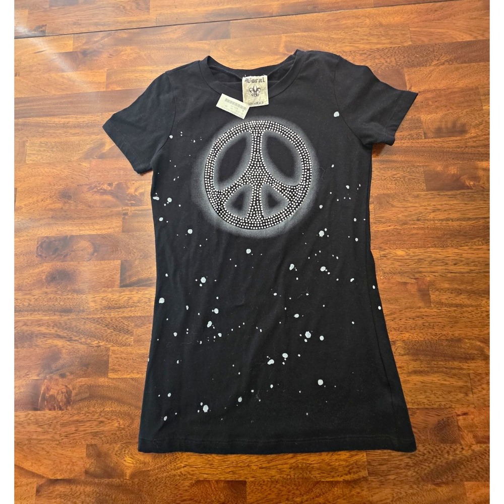 Wall womens t-shirt medium black rhinestone peace graphic crew neck stretch 041